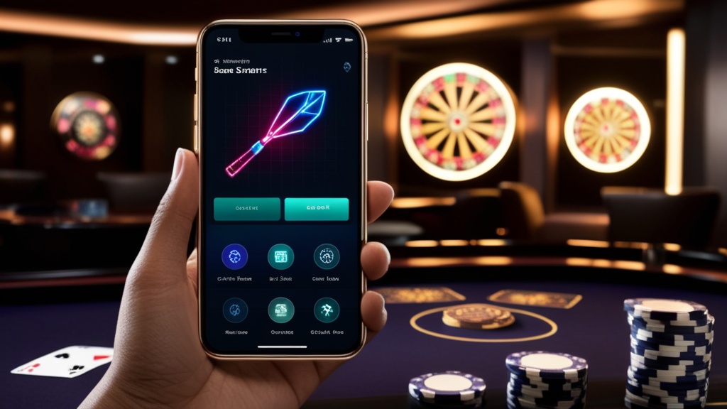 Interfaz móvil de Dart Winner App en un entorno de casino digital oscuro